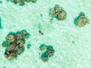 Wall Mural - Aerial top down people snorkeling on coral reef tropical caribbean sea, turquoise blue water. Indonesia Wakatobi archipelago, marine national park, tourist diving travel destination