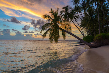 Wall Mural - Sunrise dramatic sky on sea, tropical desert beach, no people, stormy clouds, travel destination, Indonesia Banyak Islands Sumatra