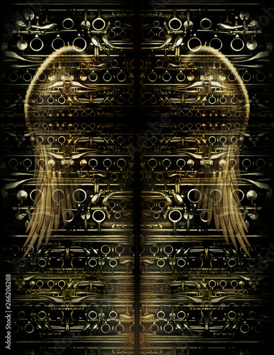 Obraz na plátně A Cross and Angel Wings against a Design made from Clarinet parts