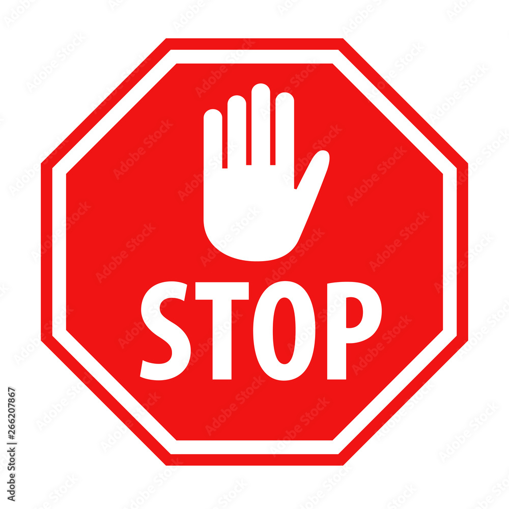 Red stop sign with white hand symbol icon vector illustration - obrazy, fototapety, plakaty 