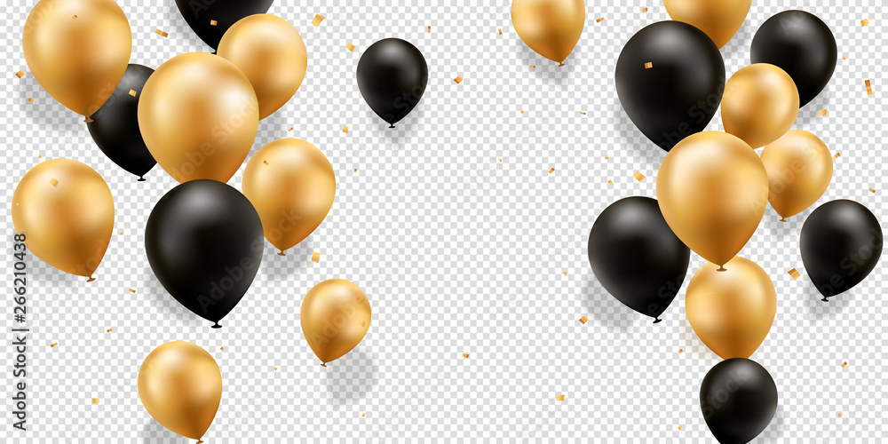 Gold and Black Balloons with confetti on a transparent background. - obrazy, fototapety, plakaty 