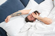 © be free - Relax and sleep concept. Man bearded guy sleep on white sheets. Healthy sleep and wellbeing. Man bearded hipster sleepy in bed. Early morning hours. Insomnia and sleep problems. Lets start new day