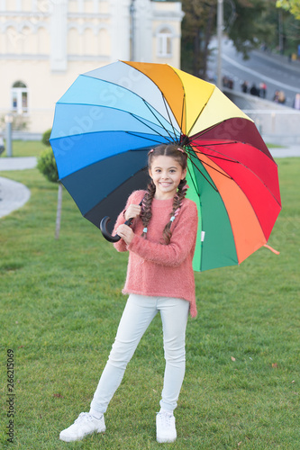 Little Girl Under Umbrella Rainbow After Rain Optimist And