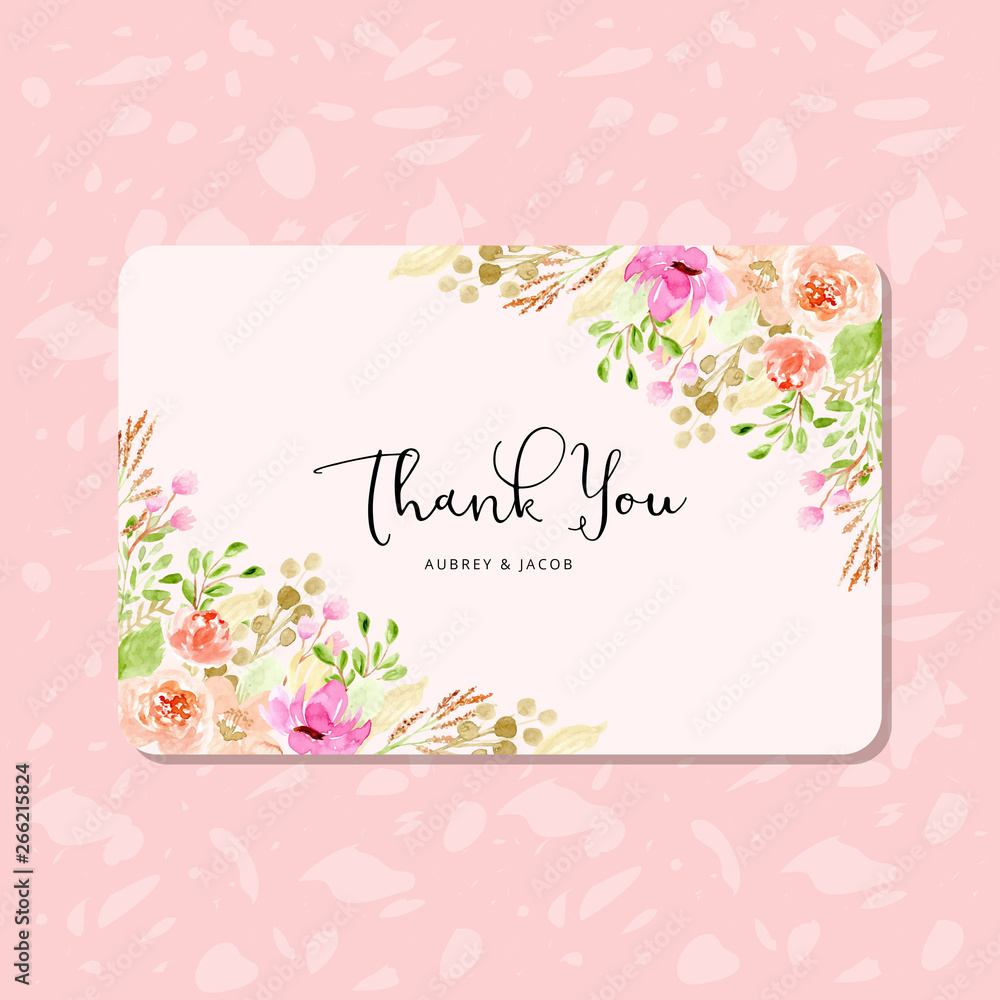thank you card with floral frame watercolor Stock Vector | Adobe Stock