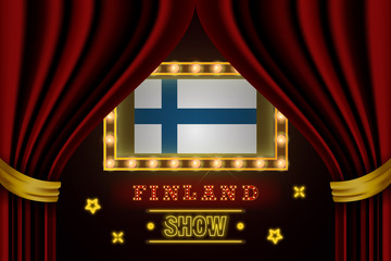 Show time board for performance, cinema, entertainment, roulette, poker of Finland country event. Shining light bulbs vintage of Finland country name