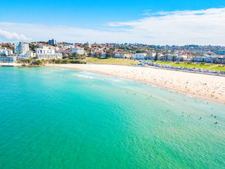 Canvas Print - An aerial view of Bondi Beach in Sydney, Australia on a busy day with blue water