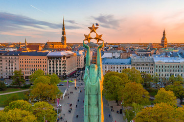 Wall Mural - Beautiful aerial view of Riga over old town, statue of liberty and national library. Beautiful Latvia.