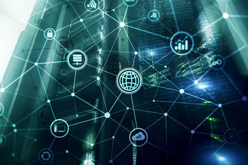 ICT - information and telecommunication technology and IOT - internet of things concepts. Diagrams with icons on server room backgrounds.