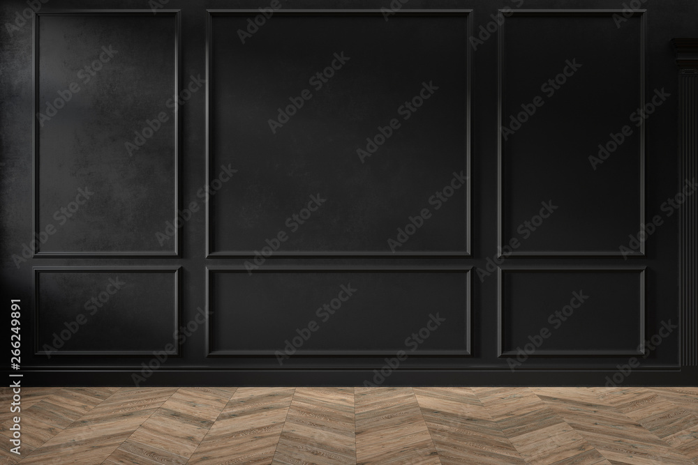Modern classic black color empty interior with wall panels, mouldings and wooden floor. 3d render illustration mock up. - obrazy, fototapety, plakaty 
