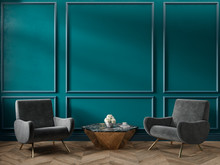 Classic Green Blue Turquoise Interior Empty Room With Armchairs Coffee Table Flowers Mouldings And Wooden Floor. 3d Render Illustration Mock Up