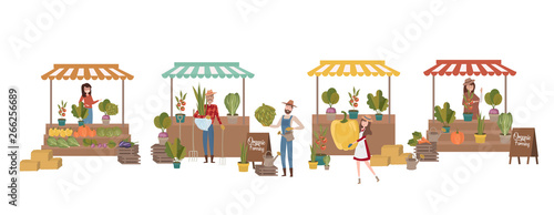 Cuadros en Lienzo Farmer's market poster with people selling and shopping at walking street, organic fruits and vegetables, cartoon flat design