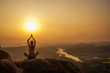 Yoga In Hampi Temple Copyspase At Sunset.travel Vacation Copy Spase Lady With Stylish Jumpsuit