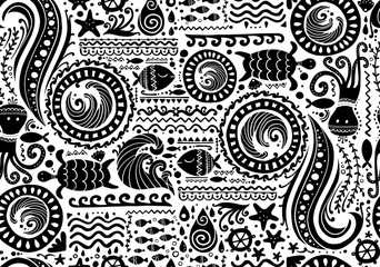 Fotomurali - Polynesian style marine background, tribal seamless pattern for your design