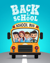 Wall Mural - Back to school vector design. School bus with school kids students in uniform happy riding and back to school text in blue background. Vector illustration.