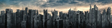 Science Fiction City Dystopia Panorama / 3D Illustration Of Futuristic Post Apocalyptic Sci-fi City Ruins Under Bright Sky