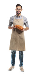 Poster - Baker with fresh bread on white background