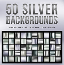 50 Unique Silver Backgrounds. Silvery Glossy Fabric With Shimmery Metallic Colors. Vector Illustration