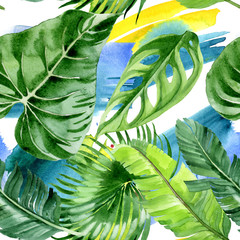  Palm beach tree leaves jungle botanical. Watercolor background illustration set. Seamless background pattern.