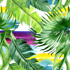 Wall Mural - Palm beach tree leaves jungle botanical. Watercolor background illustration set. Seamless background pattern.