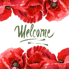 Wall Mural - Red poppy floral botanical flowers. Watercolor background illustration set. Frame border ornament square.