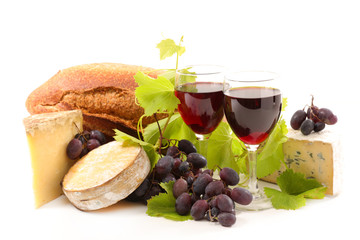 Wall Mural - red wine with bread and cheese