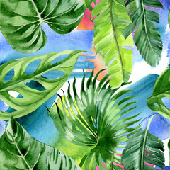 Palm beach tree leaves jungle botanical. Watercolor background illustration set. Seamless background pattern.