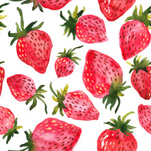 Red Watercolor Strawberries. Seamless Hand Painted Pattern
