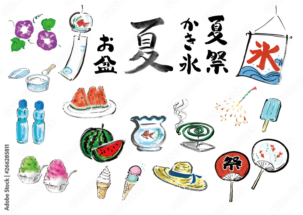 ◇ 手描きイラスト ◇ イラストリクエスト ⭐︎ 月　夏　おまとめ 夏 日本の夏 イラスト ベクター 夏関連 夏イラスト 集合 季節 8月 葉月
