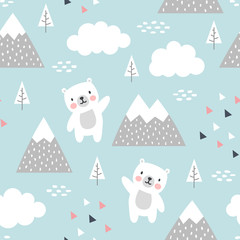 Teddy Bear Seamless Pattern Background, Happy cute bear in the forest between mountain tree and cloud, Cartoon Panda Bears Vector illustration for kids forest background with triangle dots