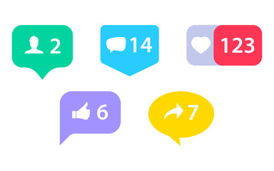 Leinwandbilder - New design social network rating icons: thumbs up icon, heart symbol, repost and new follower. Set Social media Notification Icons