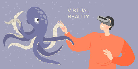 Banner with a boy in virtual reality glasses smiling and stretching hands to a virtual octopus. Play and learn with the modern technology