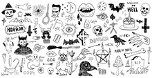 Horror Set Of Halloween Doodle Sticker Sketch Set