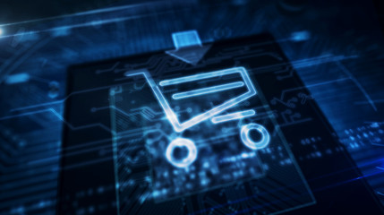 Wall Mural - cpu on board with cart symbol hologram display