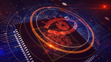 Wall Mural - cyber surveillance concept with spy eye hologram over cpu in background. concept of privacy tracking