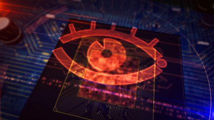Wall Mural - cyber surveillance concept with spy eye hologram over cpu in background. concept of privacy tracking