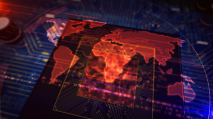 Wall Mural - cpu on board with world map hologram display