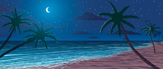 Wall Mural - Palm trees on blue ocean shore at night