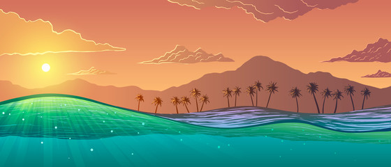 Wall Mural - Water cut with sun rays and bubbles and tropical landscape. Palm trees and mountains on ocean shore at sunset.