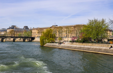 Pedestrian bridge (Pont des Arts) over Seine river and historic buildings of Paris France