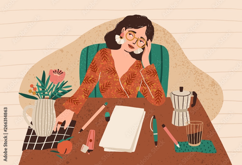Young pensive woman sitting at desk with clean sheet of paper in front of her. Concept of writer's block, fear of blank slate, creativity crisis, work start problem. Flat cartoon vector illustration. - obrazy, fototapety, plakaty 