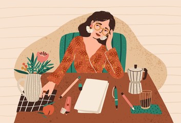 Young pensive woman sitting at desk with clean sheet of paper in front of her. Concept of writer's block, fear of blank slate, creativity crisis, work start problem. Flat cartoon vector illustration.