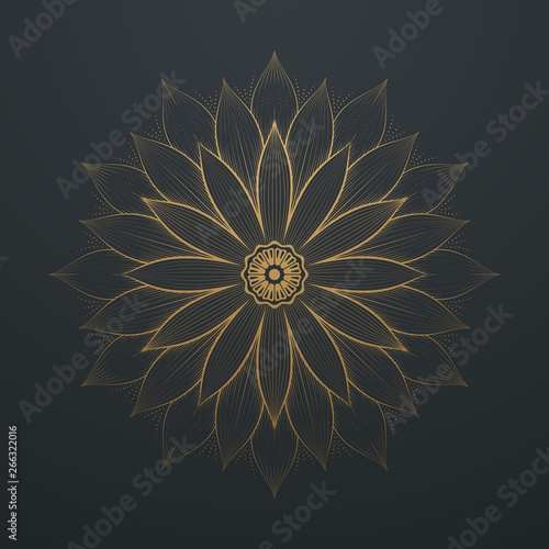 Vintage Gold Flower Abstract Mandala Line Art Lace Pattern. on black backgrou...