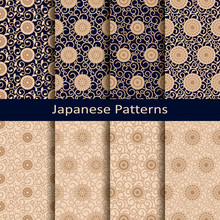 Seamless Vector Set Of Eight Japanese Geometric Patterns. Seamless Template In Swatch Panel. Design Foe Print, Textile, Woodblock