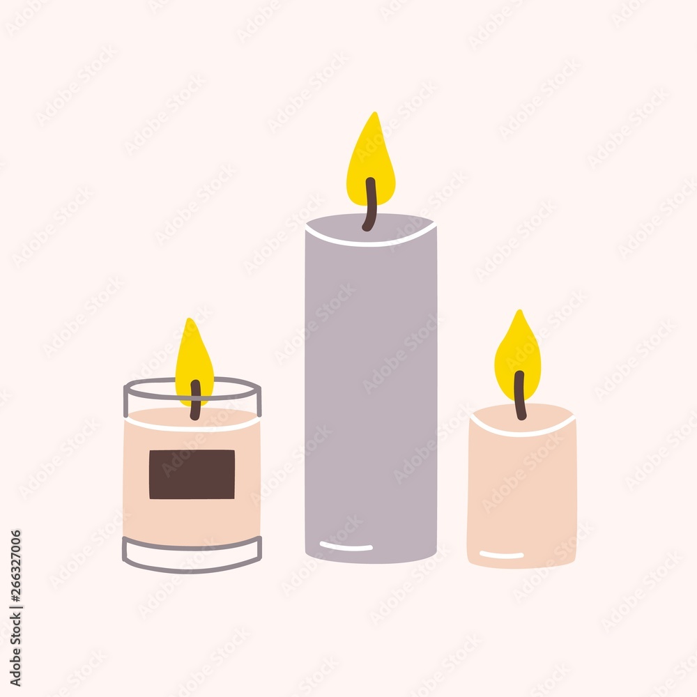 Burning wax or paraffin aromatic candles for aroma therapy isolated on light background. Cute hygge home decoration, holiday decorative design element. Flat cartoon colorful vector illustration. - obrazy, fototapety, plakaty 