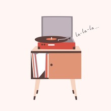 Analog Music Player Or Turntable Playing Song Or Vinyl Record Isolated On Light Background. Home Furnishing Or Old-fashioned Audio Device. Colorful Decorative Vector Illustration In Modern Flat Style.