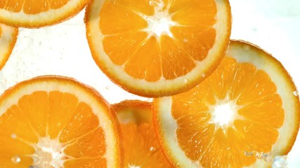 Poster - Super slow motion of orange slices with water splash. Filmed on high speed cinema camera, 1000 fps.