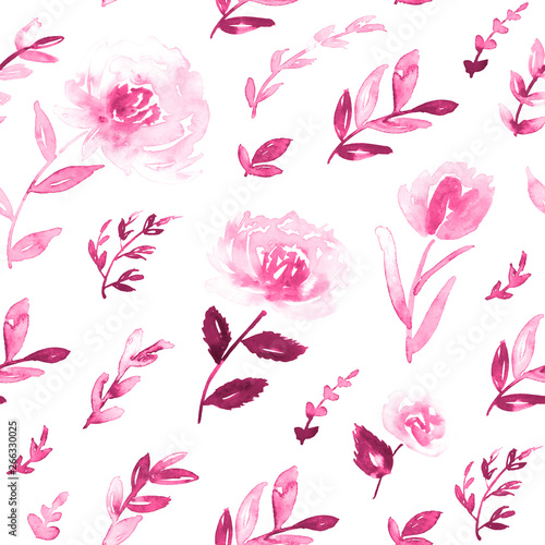 Ditsy floral pattern in shades of pink and maroon. Seamless watercolor print.