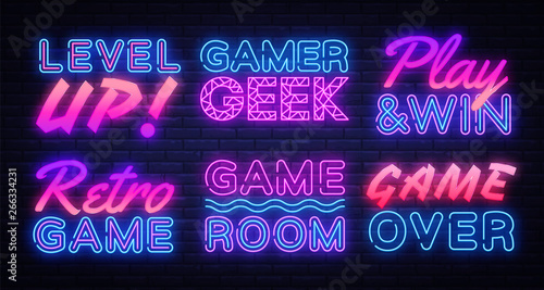 Fotografía Gaming Neon signs set Vector