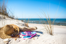 Summer Vacation Landscape With Beach Accessories, Sand And Sea View, Baltic, Poland