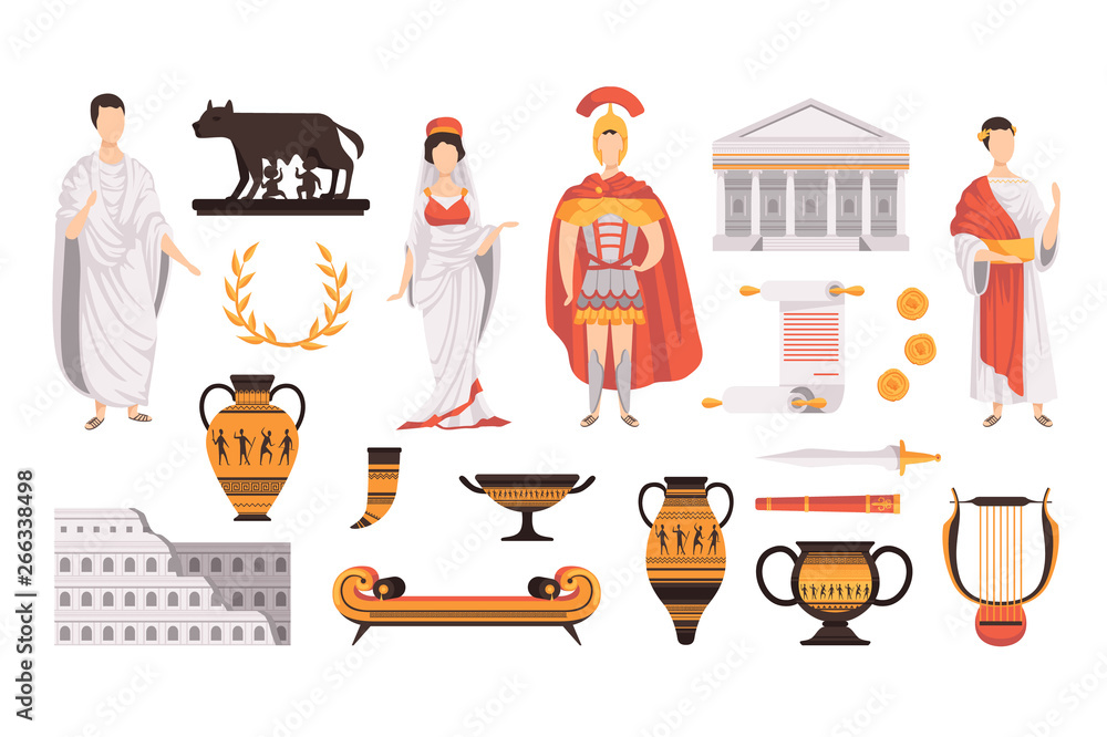 Traditional cultural symbols of ancient Rome set vector Illustrations on a white background - obrazy, fototapety, plakaty 